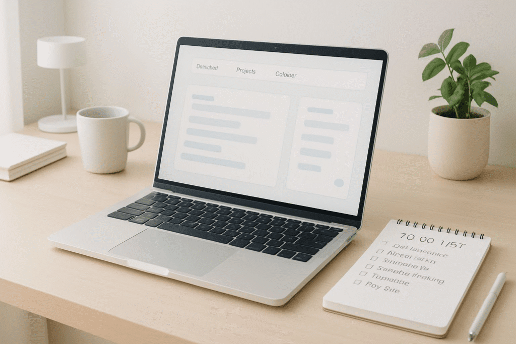 A serene workspace showing a calm, organized desk with a laptop and a to-do list, symbolizing productive and intentional work.