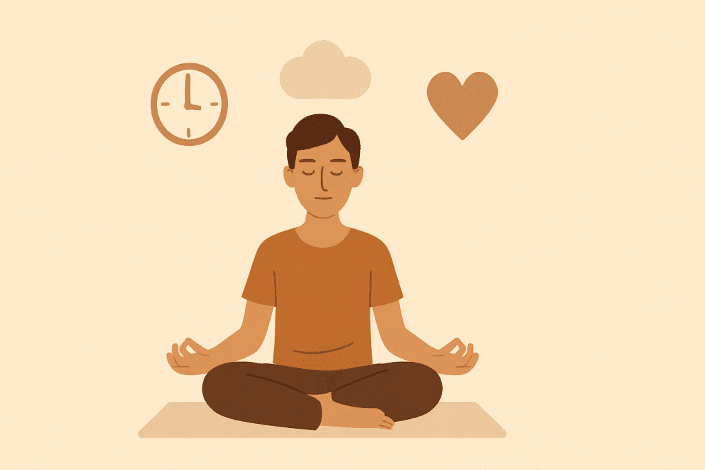 An illustration of a calm person sitting cross-legged on a mat, eyes closed, with floating icons around them: a clock (representing time), a cloud (representing thoughts), and a heart (representing values). Minimalist, soft beige background, no text. Same flat illustration style with warm tones.