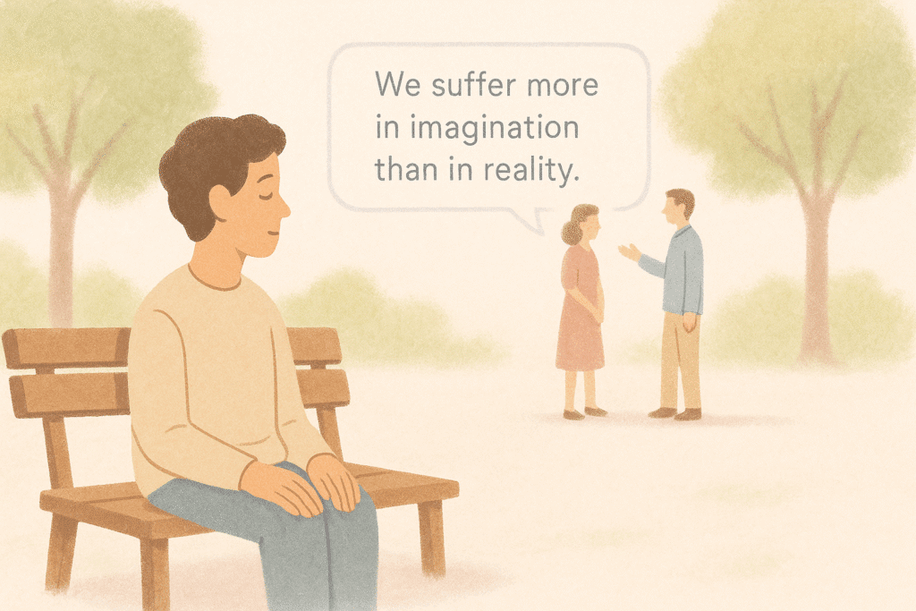 Minimalist pastel illustration of a person sitting peacefully on a park bench, observing a conversation between two people in the background. One speaker shares a famous Stoic quote: “We suffer more in imagination than in reality.” Calming nature scene with soft colors, inspired by Stoic philosophy, mindfulness, and modern mental clarity practices. Perfect visual for blog posts about Stoicism, Marcus Aurelius, Seneca, and practical ancient wisdom in everyday life.
