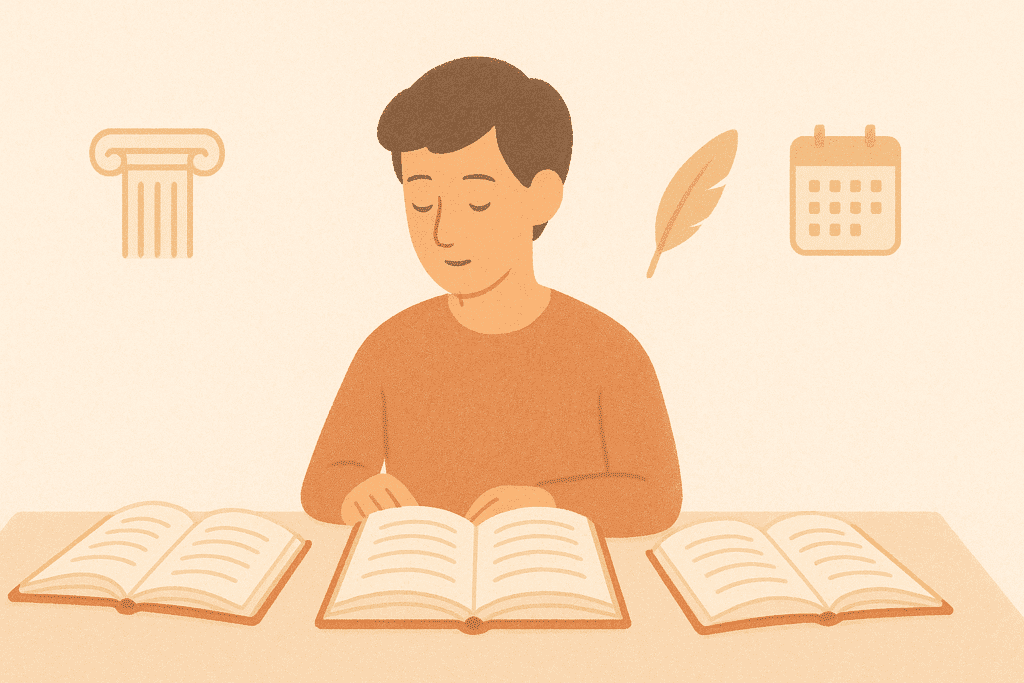 A person at a desk reading three open books, each with abstract symbols above them — like a Roman column for ancient wisdom, a feather for letters, and a calendar for daily practice. Soft and minimal, warm-toned flat illustration with no visible text in the books.