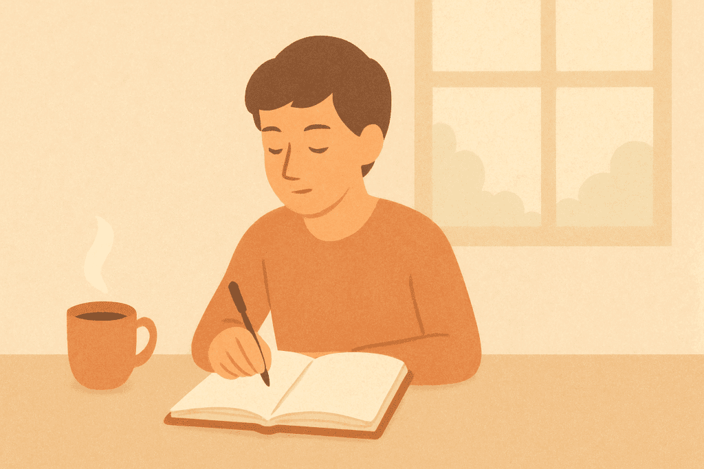 A person sitting at a table with a warm drink beside them, holding a pen thoughtfully over a journal. A peaceful setting with morning sunlight through a window. No visible text. Calm and minimal, matching the soft illustrated style.