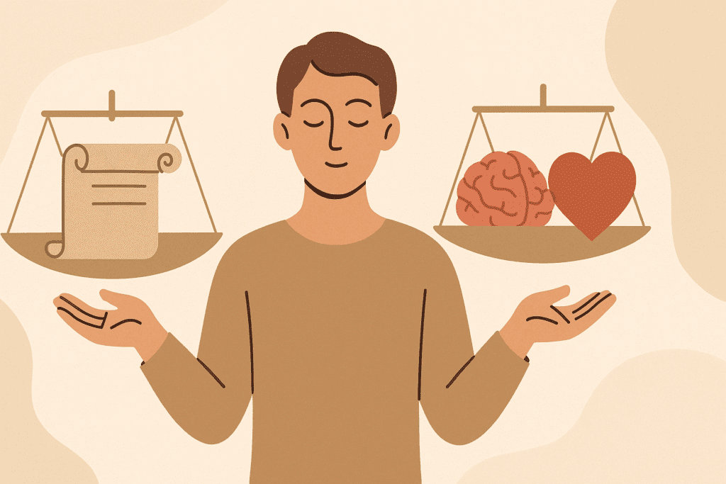 A person standing between two floating scales — one holding a Stoic symbol like a scroll, and the other holding a brain and heart. Balanced and calm expression, soft tones, no text. Flat illustration matching provided image style.