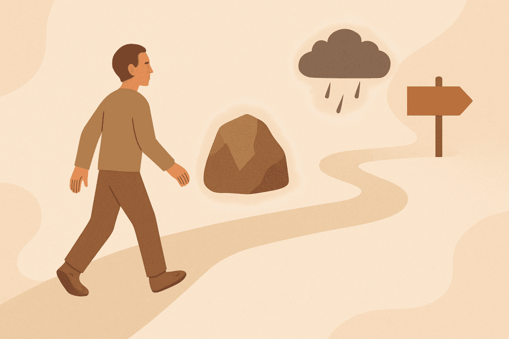 A person walking up a winding path with symbolic “obstacles” like a rock, a storm cloud, and a signpost along the way. Each obstacle has a faint glow or aura to show it's a lesson. Illustrated in a warm, soft style, no text.