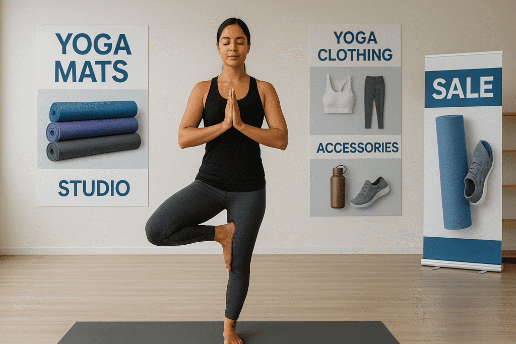 Corporate yoga studio setting with advertisements for products, showcasing the commercialization of yoga.