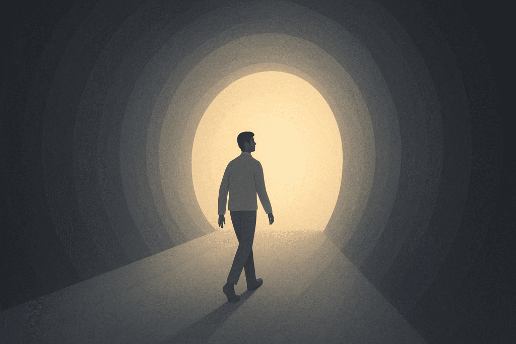 Conceptual image of a person walking through a dark tunnel towards a bright light, symbolizing the process of discovering purpose during difficult times.
