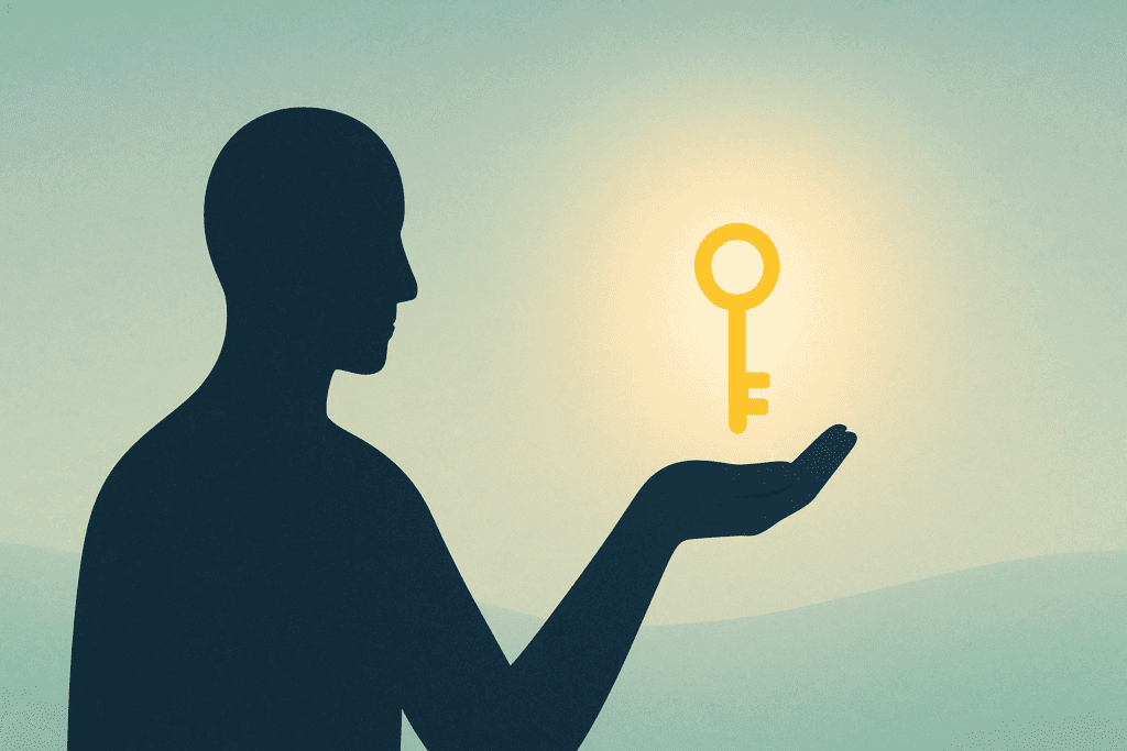 Abstract illustration of logotherapy, showing a person holding a glowing key, representing the unlocking of meaning through Viktor Frankl’s philosophical approach