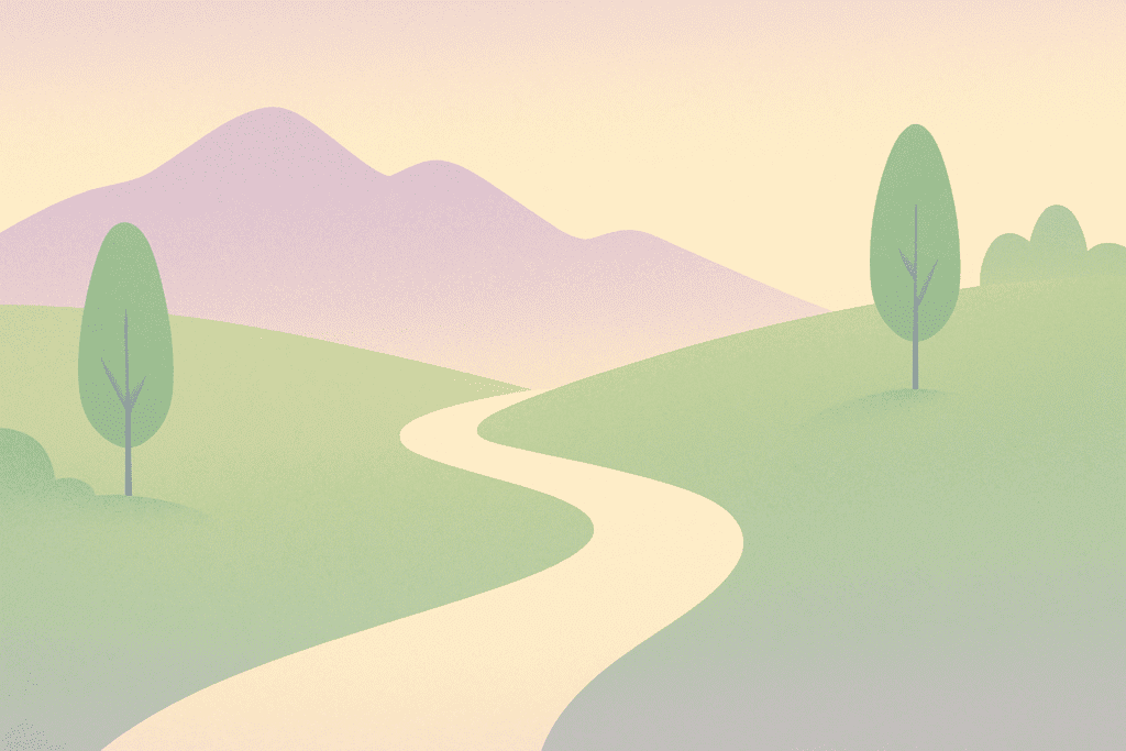 Serene road through a peaceful landscape symbolizing personal growth and the journey toward self-discovery and meaning, with soft pastel colors evoking calmness.