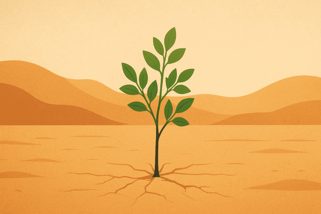 A small, resilient tree growing in a barren desert, symbolizing growth and hope despite adversity, with a minimalist design in earthy tones.