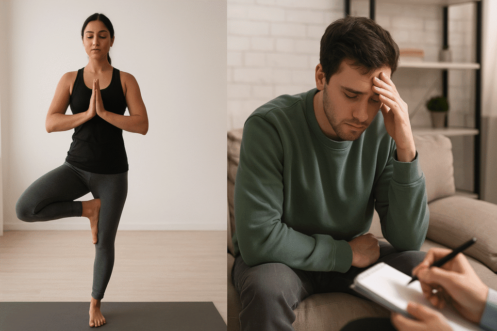 Comparison of physical yoga poses and therapy for mental health, showing how yoga is just one part of overall well-being.