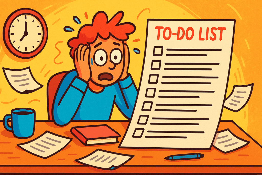 Cartoon character overwhelmed by a long to-do list and running out of time.
