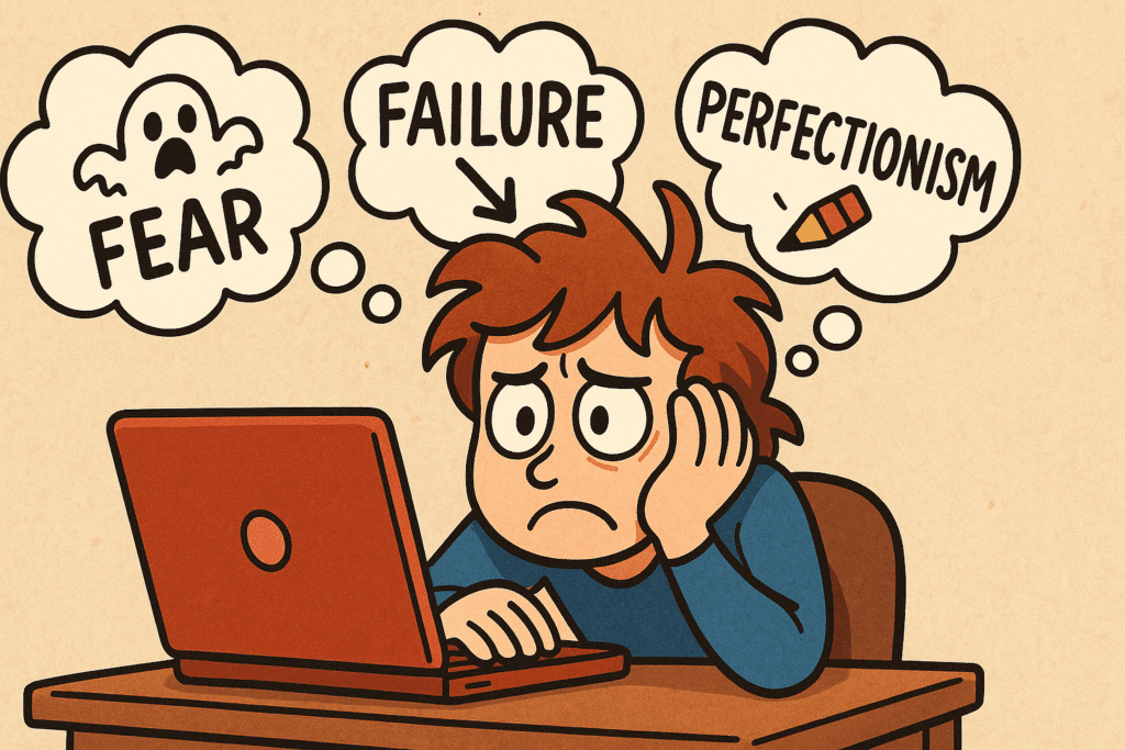Cartoon character procrastinating, overwhelmed by fears and perfectionism