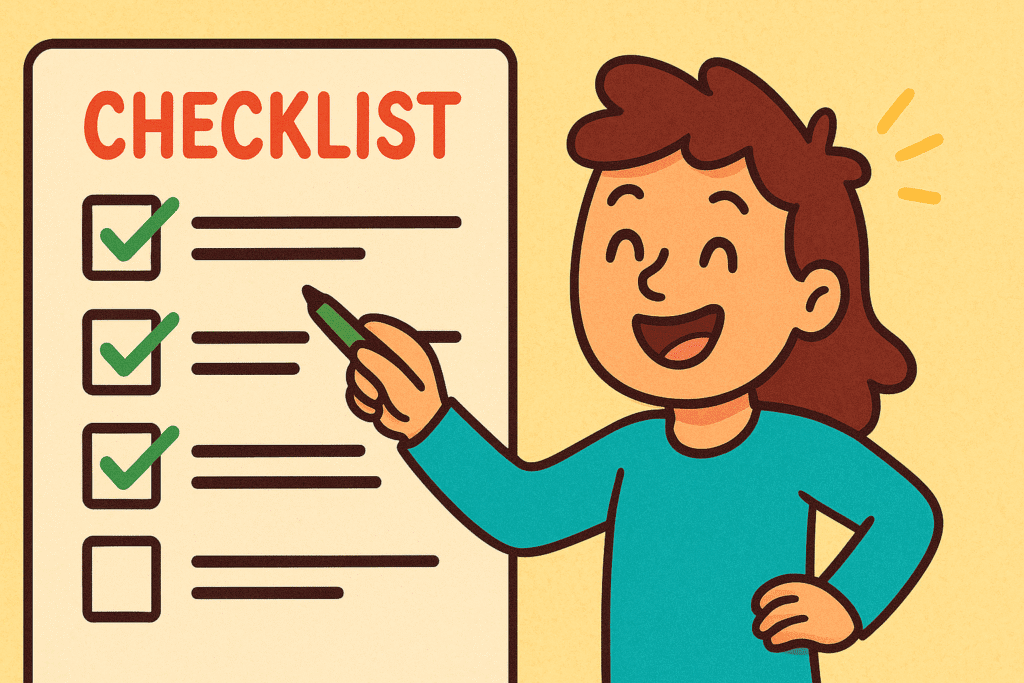 Cartoon character breaking tasks into manageable steps and checking them off.