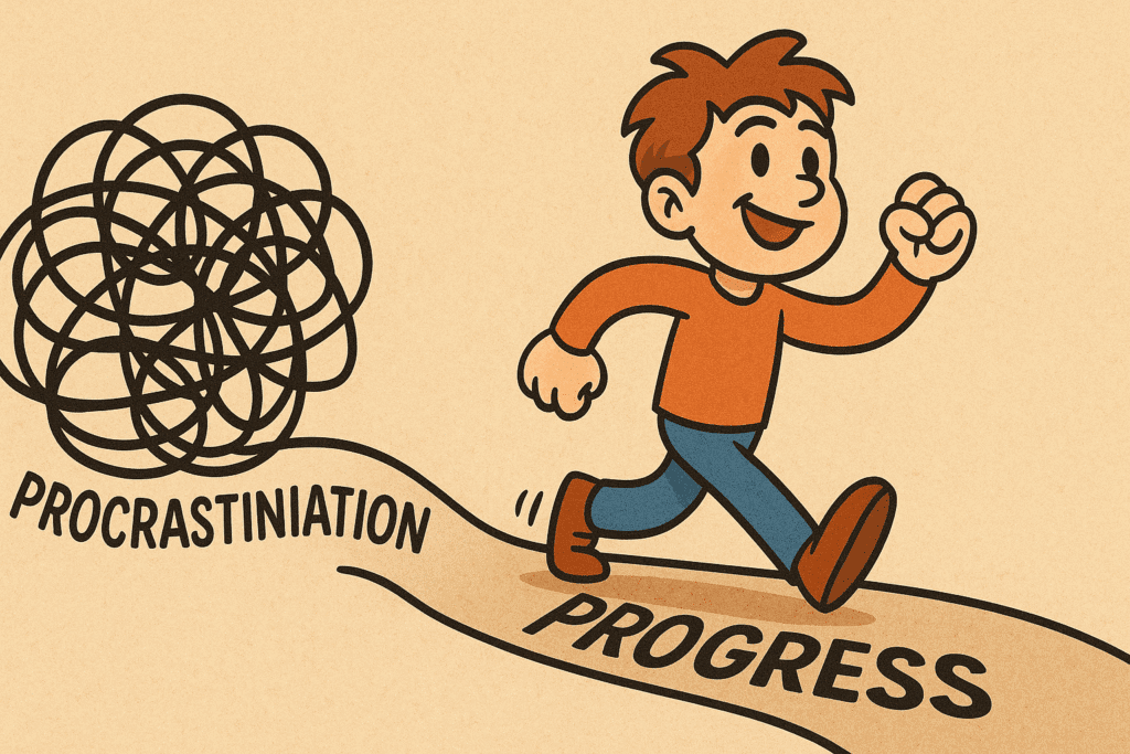Cartoon character overcoming procrastination and walking confidently toward progress.