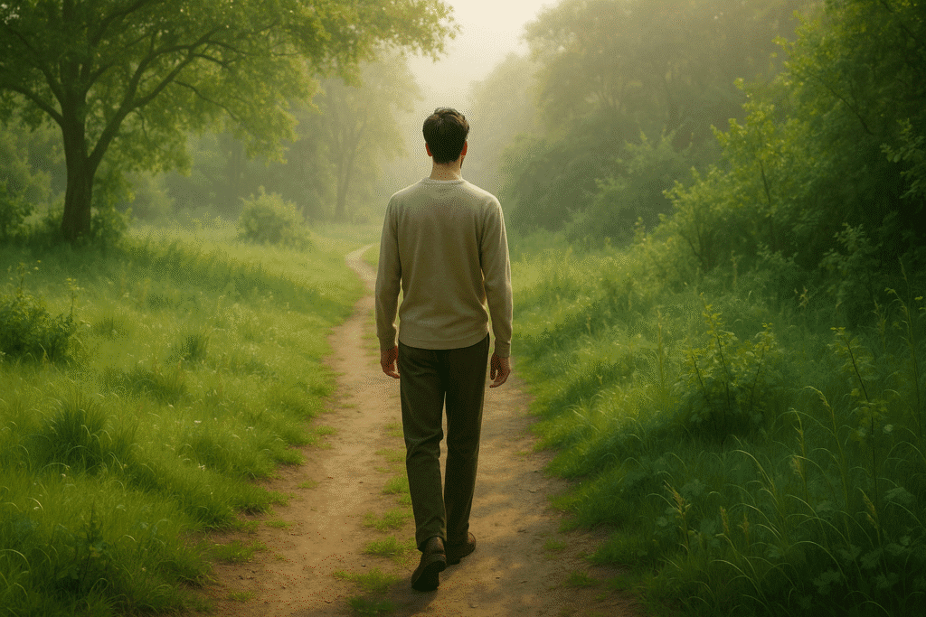 Recharging through a peaceful walk in nature to combat burnout.
