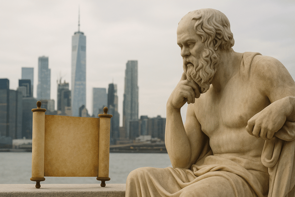 Ancient wisdom meets modern chaos: A visual representation of the contrast between timeless philosophy and today's fast-paced world