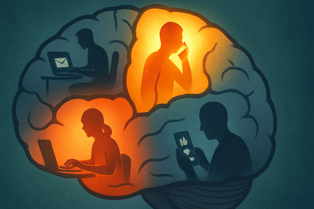"Visual representation of the mental toll multitasking takes on the brain. Different tasks are competing for attention, leading to cognitive overload and reduced efficiency.