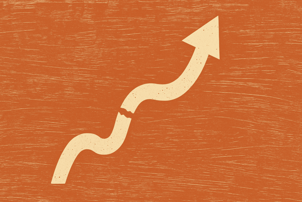 Curved upward arrow with break in line, showing recovery from setbacks