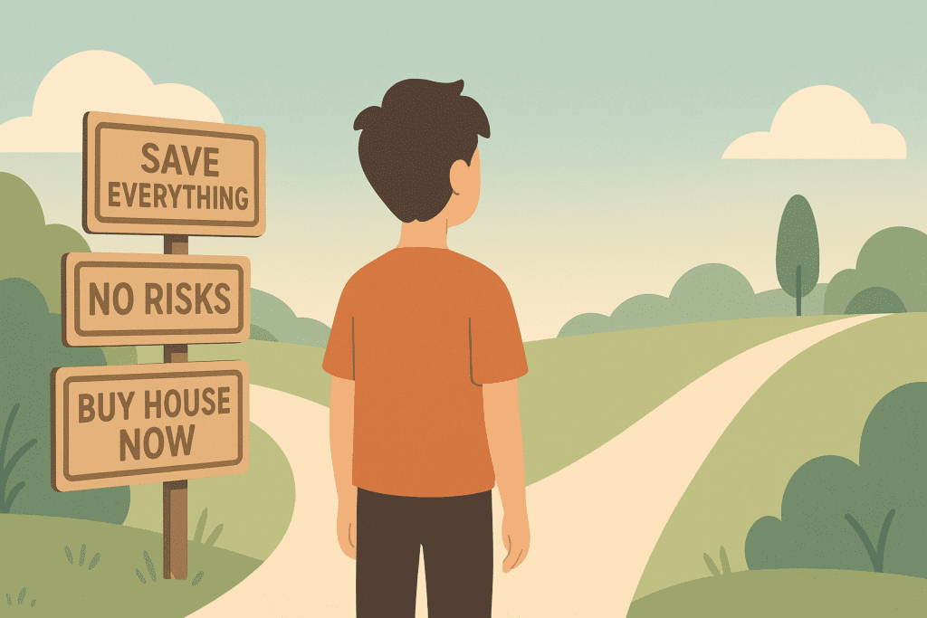 Young adult at a crossroads choosing between bad financial advice and smart money decisions in their 20