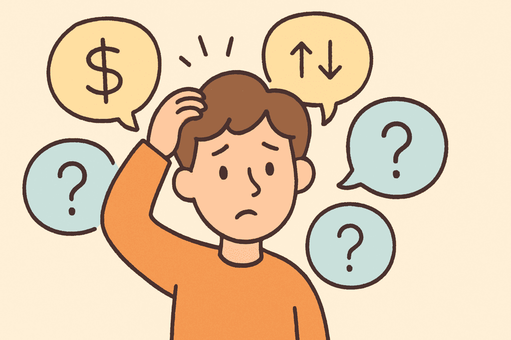 Confused young person surrounded by bad financial advice symbols, unsure about money decisions in their 20s
