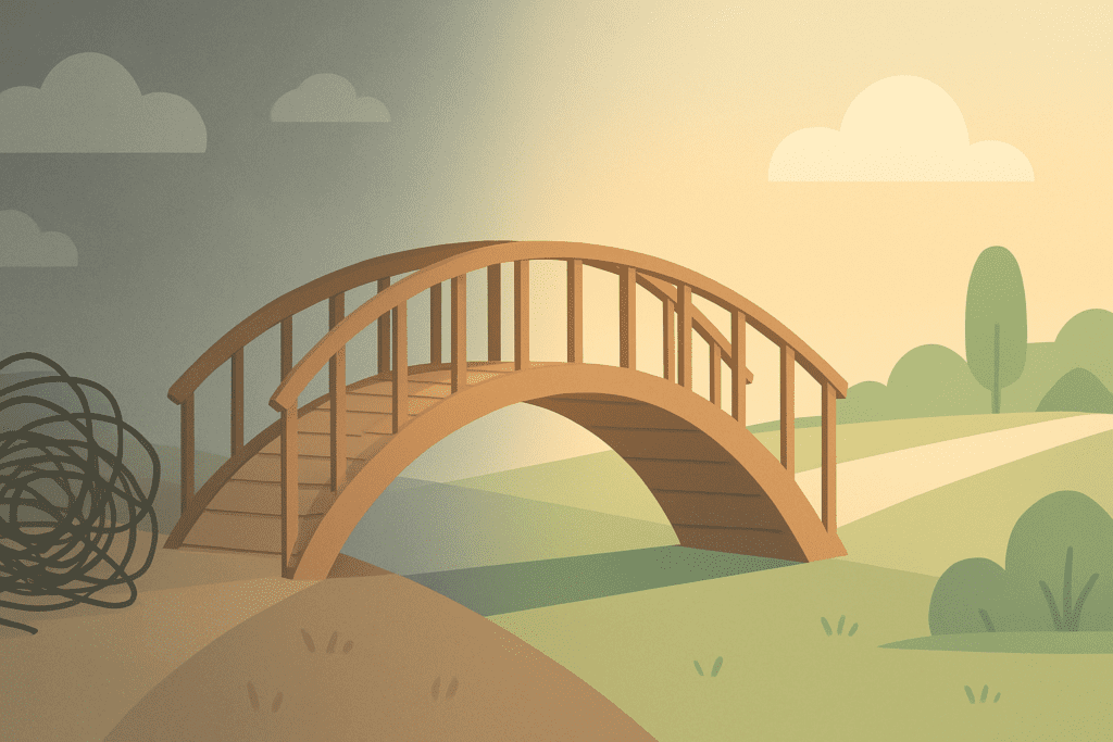 Bridge showing transition from confusing financial advice to smart money strategies for young adults.