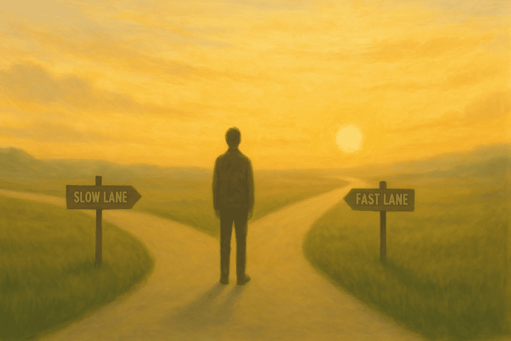 Person standing at a crossroads at sunrise symbolizing new beginnings and financial freedom decisions, fastlane mindset inspiration.