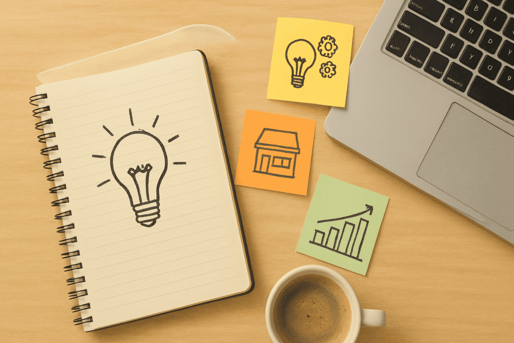 Creative entrepreneur workspace with laptop, notebook, and coffee, symbolizing business ideas, side hustle planning, millionaire fastlane principles.
