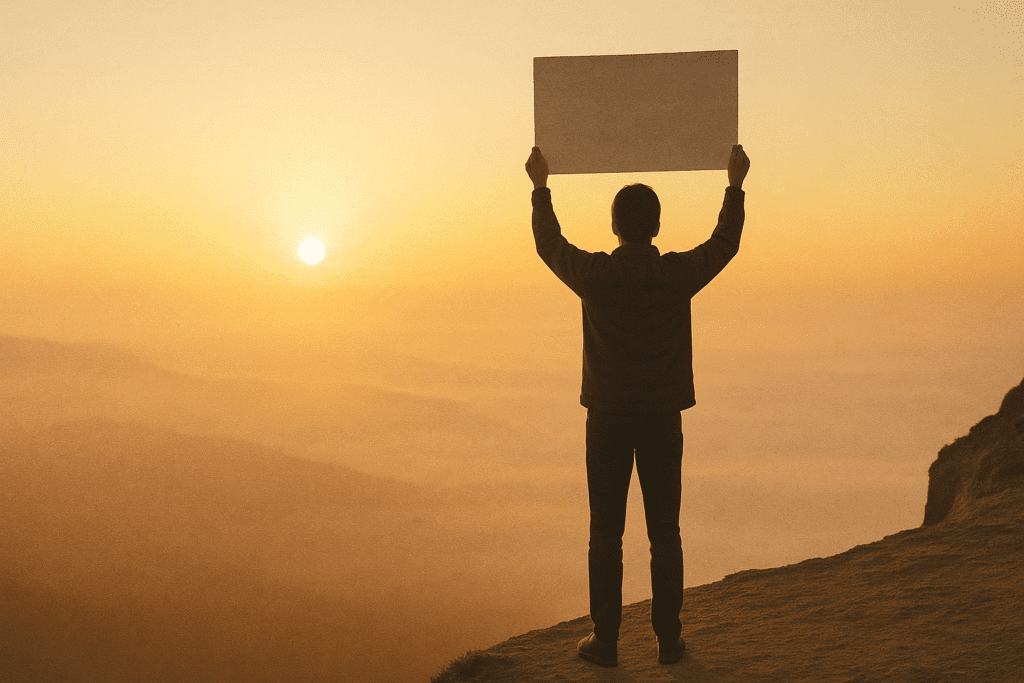 Person holding blank signboard overlooking sunrise cliffs, symbolizing endless opportunities, financial independence journey, design your own destiny