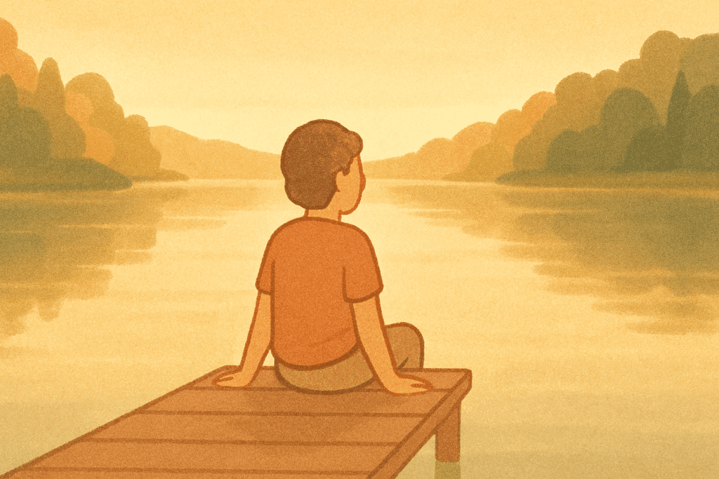 Person sitting peacefully on a wooden dock, gazing at still water during golden hour, representing self-reflection and calmness.