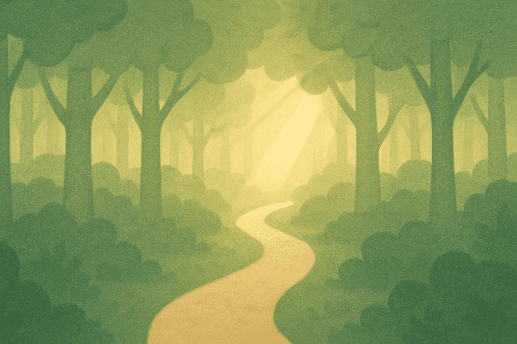 Minimalist path through a green forest with sunlight breaking through trees, representing the journey toward self-awareness and inner peace.