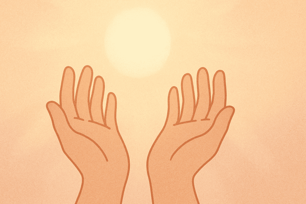 Close-up of open hands catching sunlight, symbolizing mindfulness, spiritual awakening, and embracing the present.