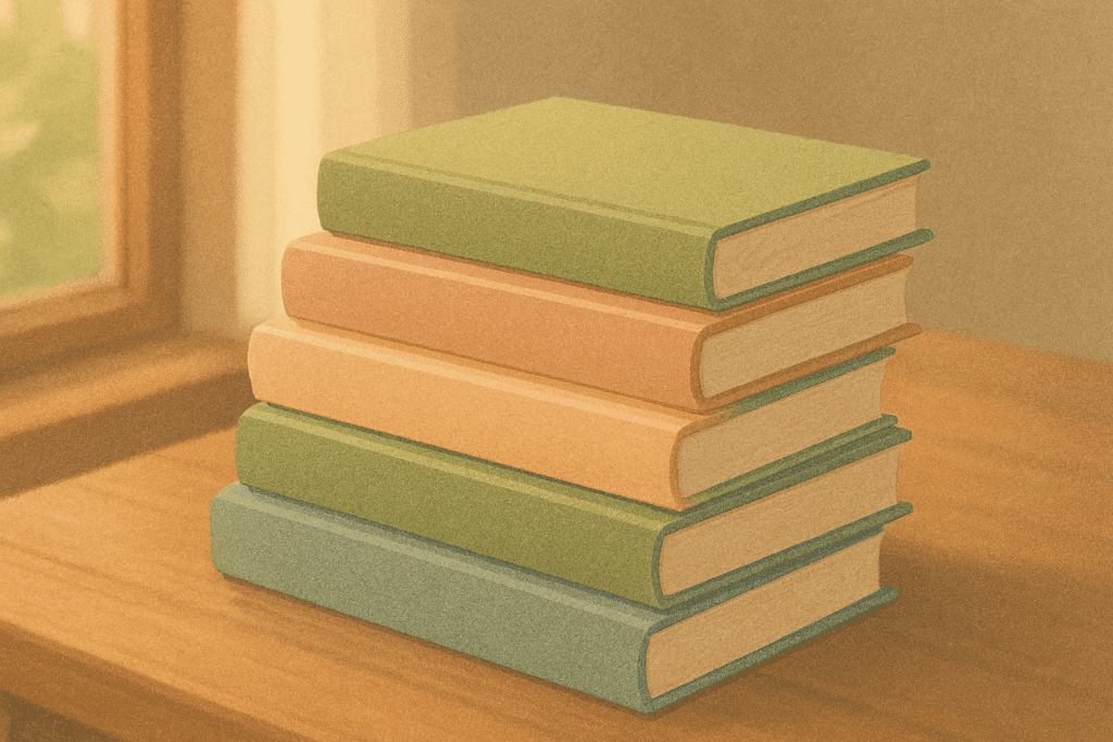  Stack of generic self-help and mindfulness books on a wooden table, suggesting further reading for personal growth.
