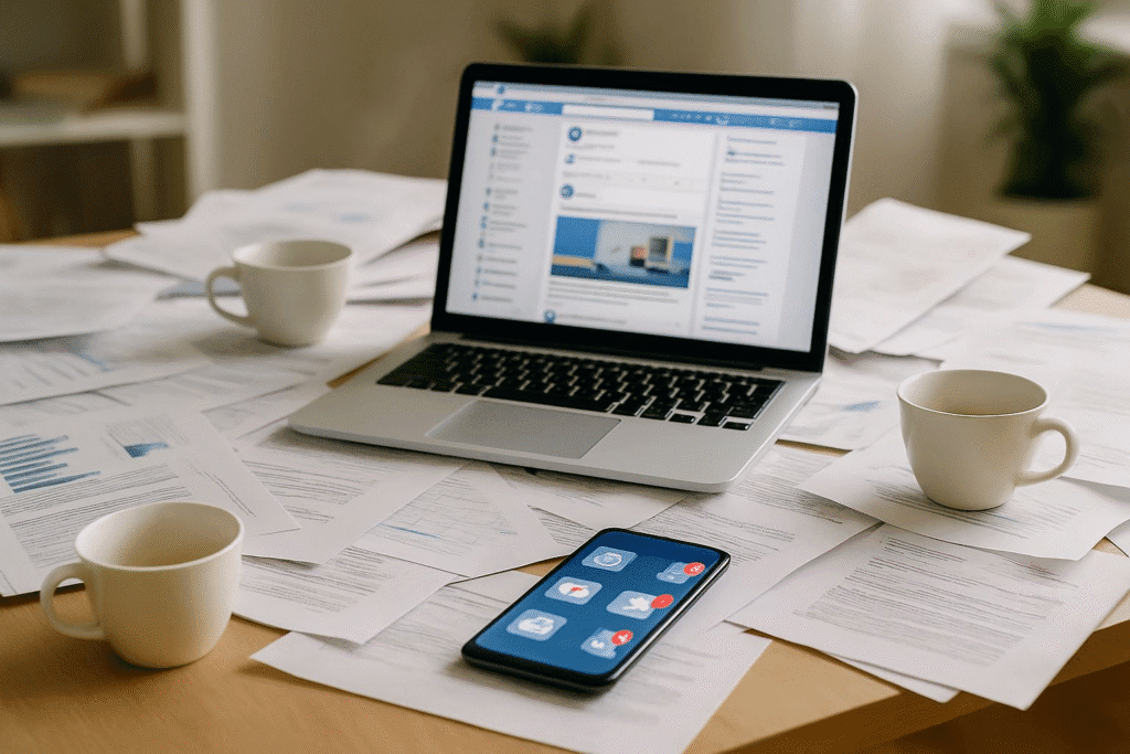 Cluttered workspace with notifications and distractions, illustrating how digital overload and multitasking affect focus.