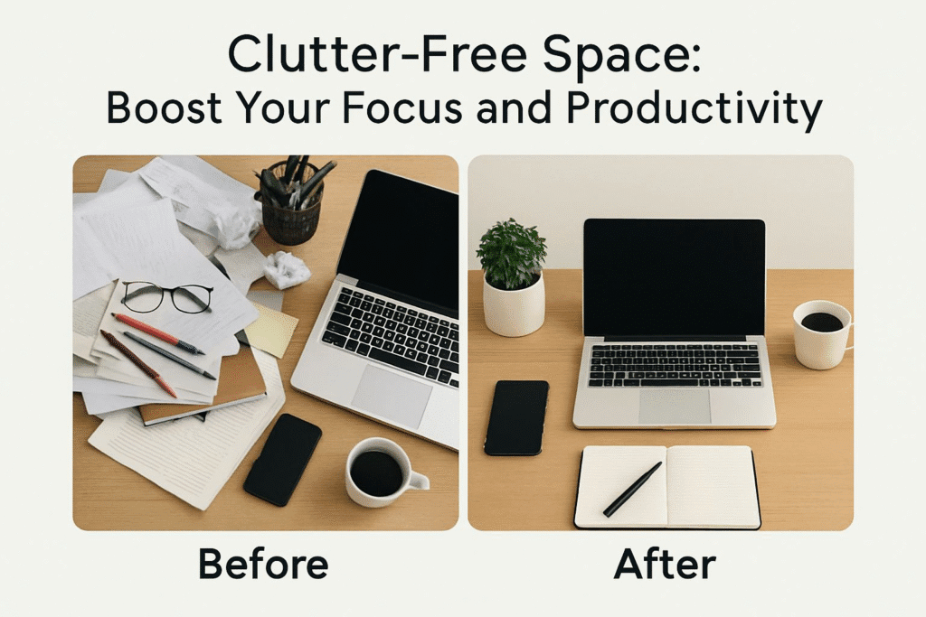 A comparison image of a messy desk (before) and a clean, organized desk (after), illustrating how a clutter-free space improves focus and productivity.