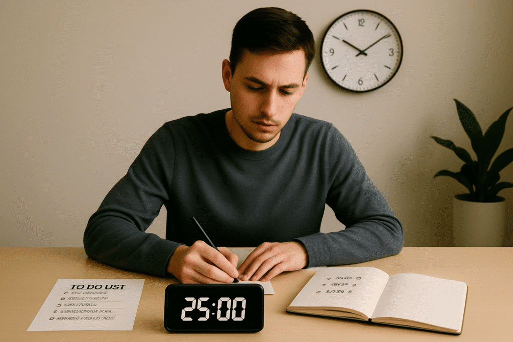 Person working with the Pomodoro technique, a timer showing 25 minutes, and a to-do list to demonstrate effective focus methods