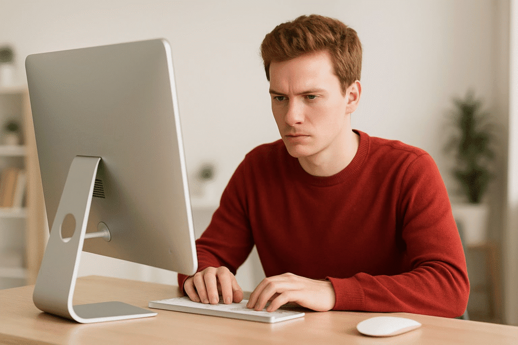 A person working with full concentration at a minimalist desk, with a bright and clean workspace to represent deep focus.