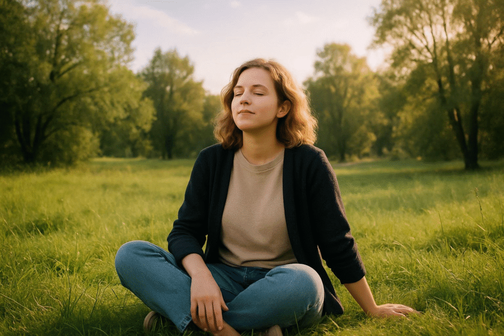 A person sitting peacefully in nature, reflecting on their work while taking a break, emphasizing the importance of rest for productivity.