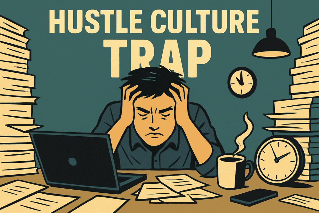 A stressed individual working at a cluttered desk, overwhelmed by papers and gadgets, symbolizing the hustle culture trap.