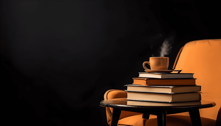 Stack of top-rated stock market books with coffee mug in cozy reading corner — best trading books