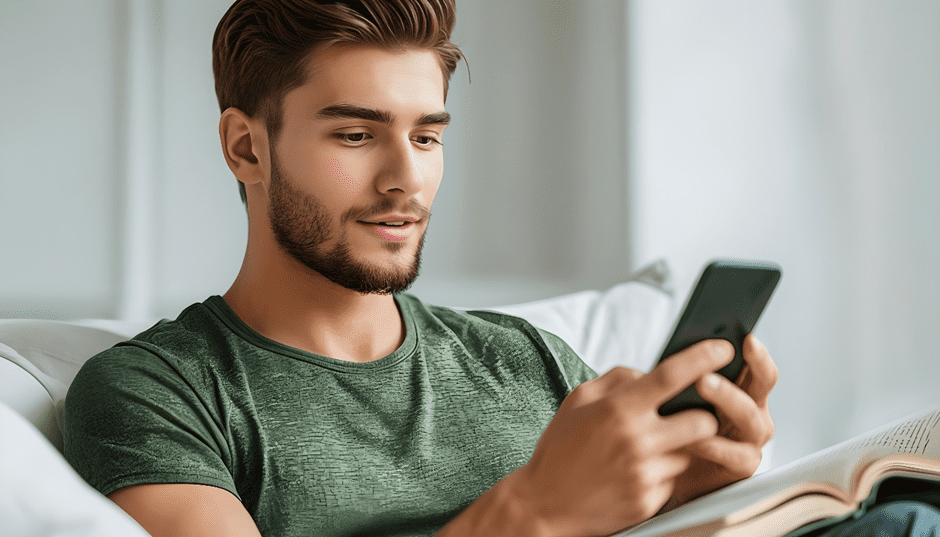 Young man reading stock market tips on smartphone while sitting on sofa — investing education concept