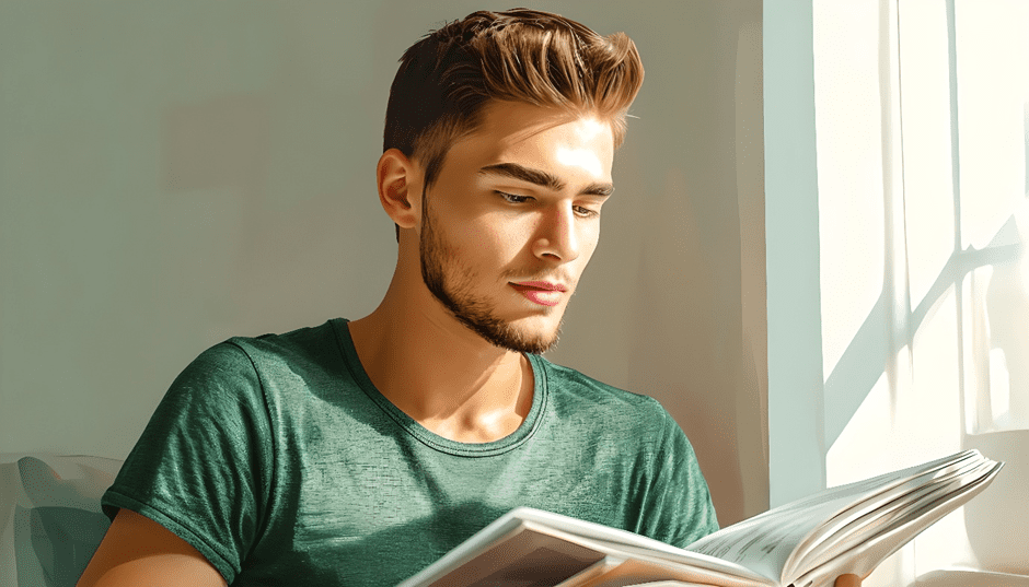 Focused man reading a stock market investment book by the window — learning stock trading