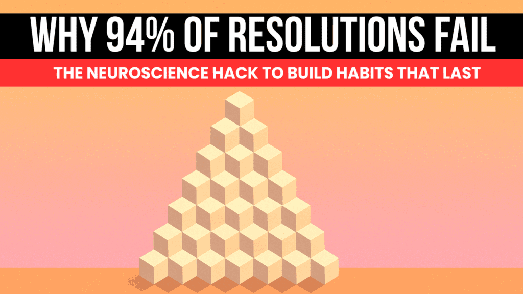 Abstract mountain of stacked cubes representing habit growth, with text: Why 94% of resolutions fail - the neuroscience hack to build lasting habits