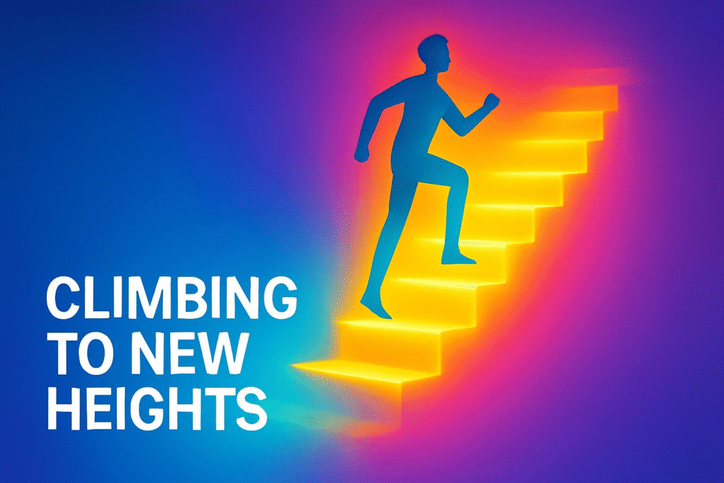 An abstract illustration of a person climbing a brightly lit staircase, symbolizing the journey of personal growth and self-improvement.