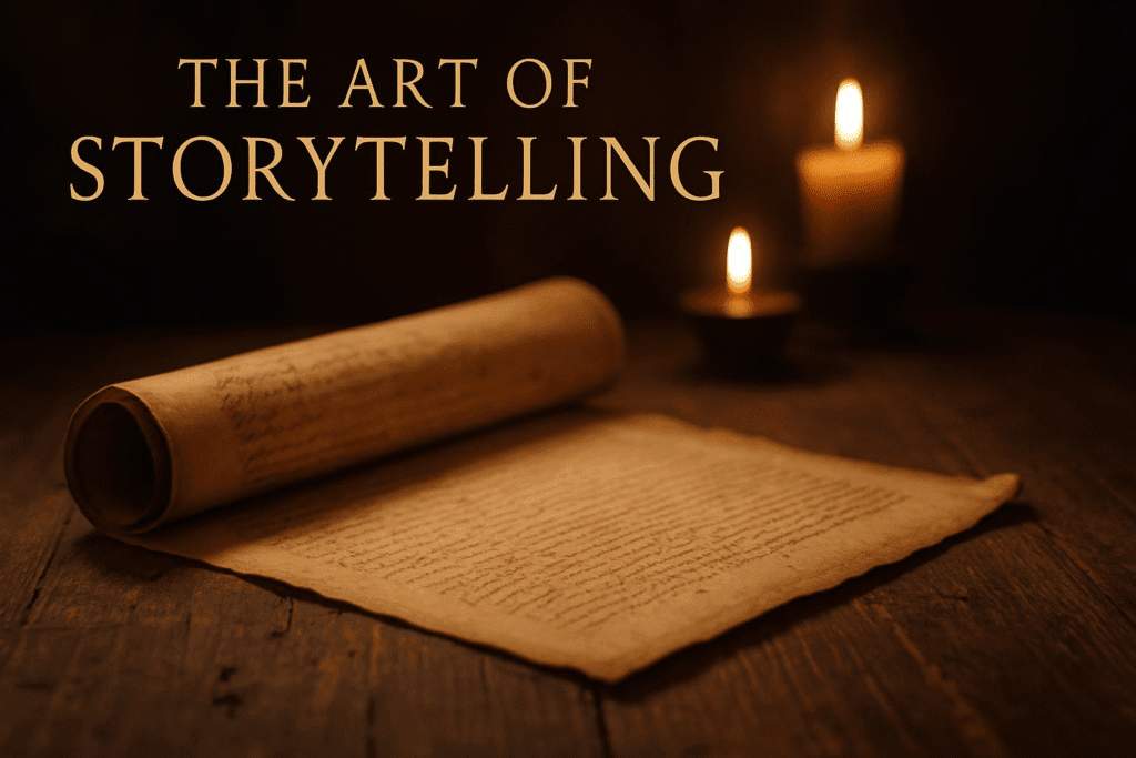Ancient scroll unrolling on a rustic wooden table under soft candlelight, symbolizing the timeless art of storytelling and its historical significance.
