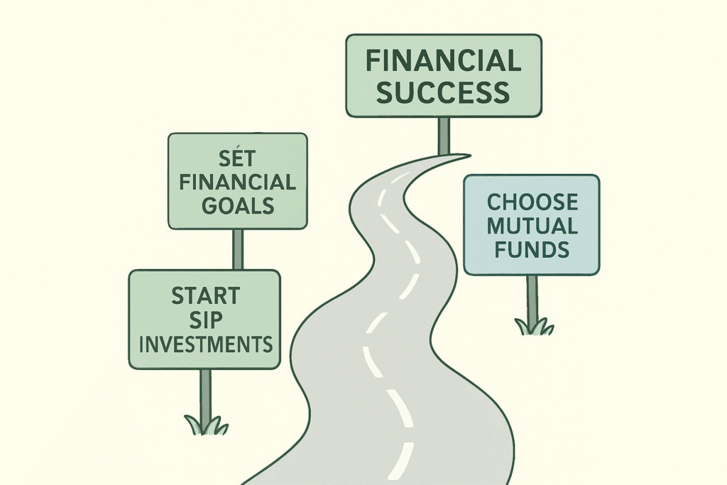 Simple cartoon roadmap illustrating key investment steps—setting goals, choosing mutual funds, starting SIPs—helping beginners invest wisely.