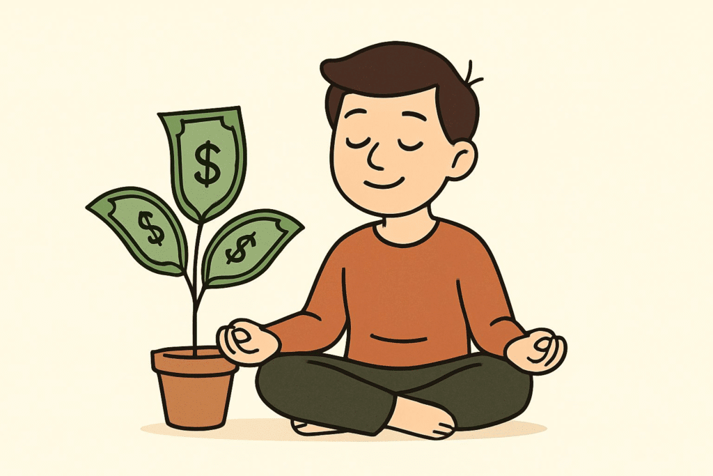 Illustration of a person sitting beside a flourishing money plant, signifying wealth accumulation and financial security through mutual fund investing.