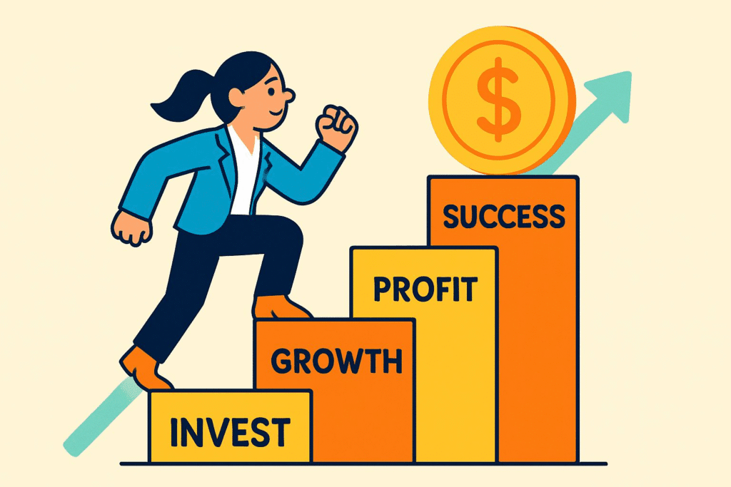 Cartoon-style illustration of a person climbing stairs toward financial success, symbolizing investment growth through mutual funds.