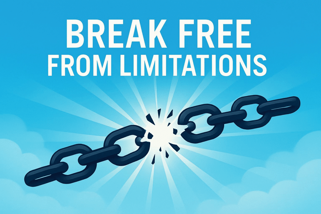 Breaking chains labelled 'Fear' and 'Negativity,' representing freedom from limitations that hinder mindset transformation.