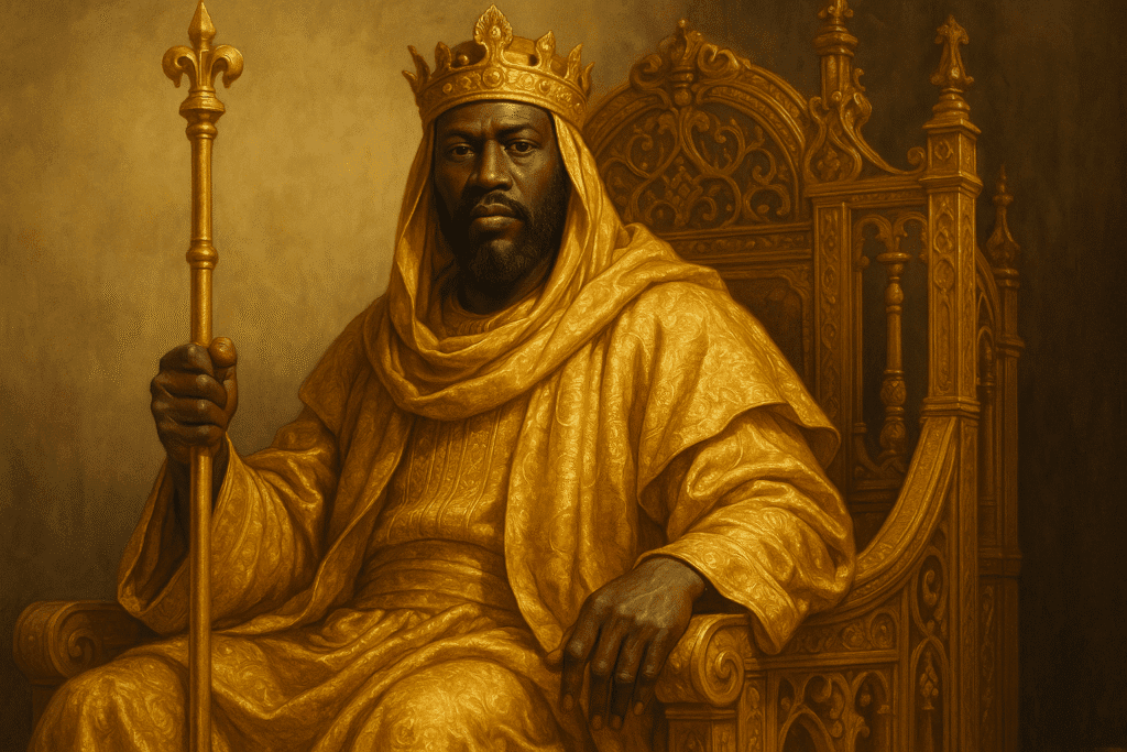 A detailed portrait of Mansa Musa, wearing luxurious golden robes, holding a gold staff, and seated on an elaborate throne, symbolizing his immense wealth.
The Wealth of Mansa Musa
Alt Text: An artistic representation of Mali’s bustling trade routes, with gold-laden merchants, camel caravans, and a thriving marketplace, showcasing how Mansa Musa accumulated his wealth.
Other Historically Wealthy Kings
Alt Text: A collage featuring Augustus Caesar, Emperor Shenzong, Akbar the Great, and King Solomon, with symbols of their wealth (gold, palaces, artifacts) surrounding them.
Royal Trade and Economy
Alt Text: A visual depiction of ancient trade, showing ships, markets, and gold transactions between different empires, highlighting how kings accumulated wealth.
The Decline of Royal Wealth
Alt Text: A symbolic image showing an old royal crown placed beside modern skyscrapers, representing the shift from monarchic wealth to corporate power.
These alt texts will enhance accessibility and provide meaningful descriptions for your blog’s images. Let me know if you’d like any refinements!.