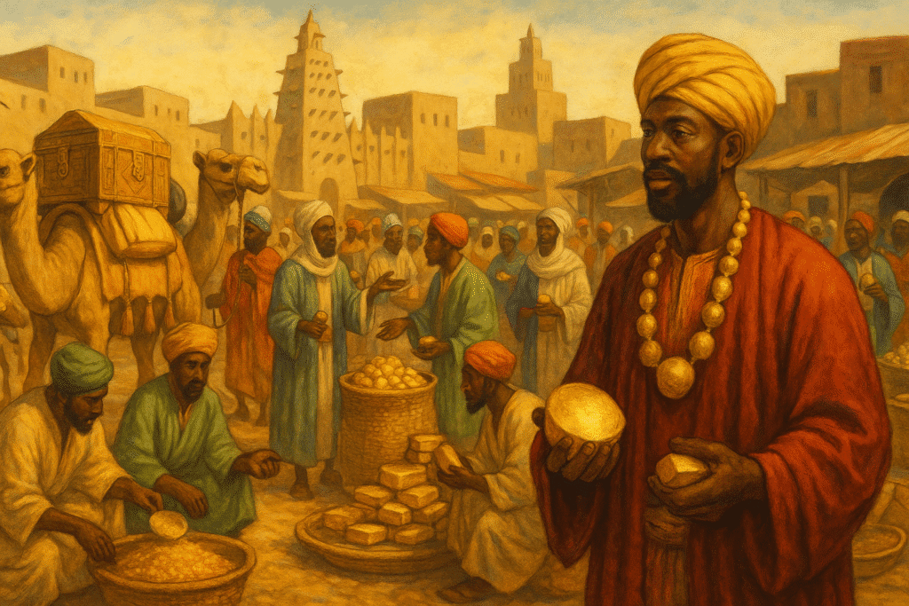 An artistic representation of Mali’s bustling trade routes, with gold-laden merchants, camel caravans, and a thriving marketplace, showcasing how Mansa Musa accumulated his wealth.