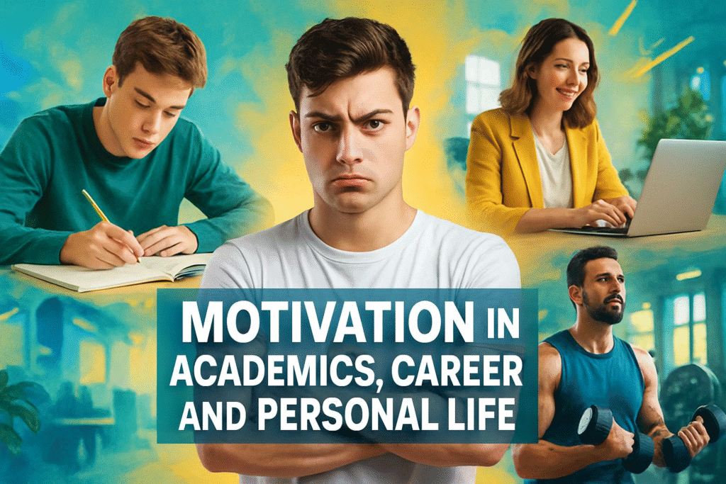 A collage-style image showing a student studying, a professional working, and an individual exercising, representing motivation in academics, career, and personal life.